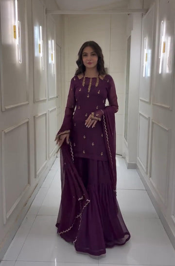 Round Neck Maroon Color Stylish Palazzo Suit