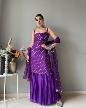 Royal Purple Embroidery Work Kurti Sharara Suit Set With Dupatta