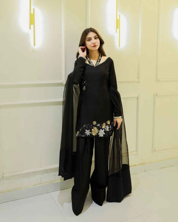 SOLID BLACK HAND EMBELLISHED KURTA WITH FARSHI PLAZZO AND DUPATTA