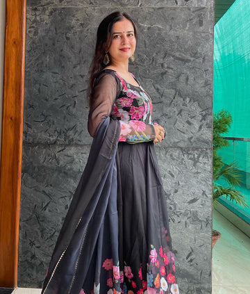 Mehak Qudora Black Floral Print Organza Three Piece Celebrity Anarkali Suit