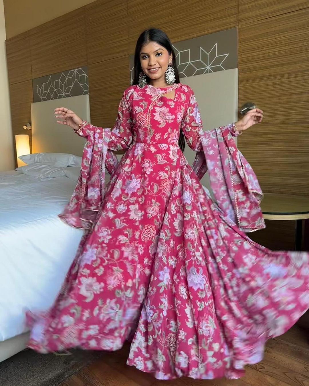 Jeetu Sri In Stylish Neck Design Soft Georgette Floral Pink Color Three Piece Celebrity Anarkali Suit