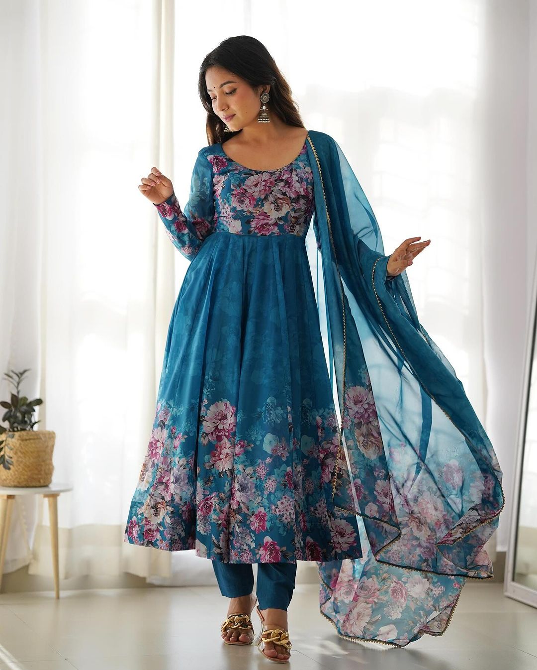 Pure Organza Anarkali Suit with Floral Print - Main Image