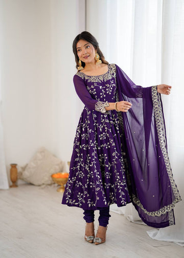 Stylish Purple Embroidered Anarkali Outfit with Dupatta