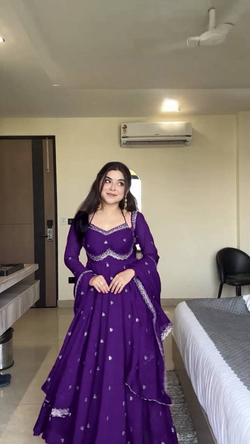 Stylish Purple Embroidered Work Anarkali Suit Set for Special Occasions