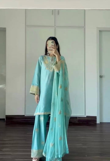 Stylish Embroidery Work Rama Color Palazzo Suit