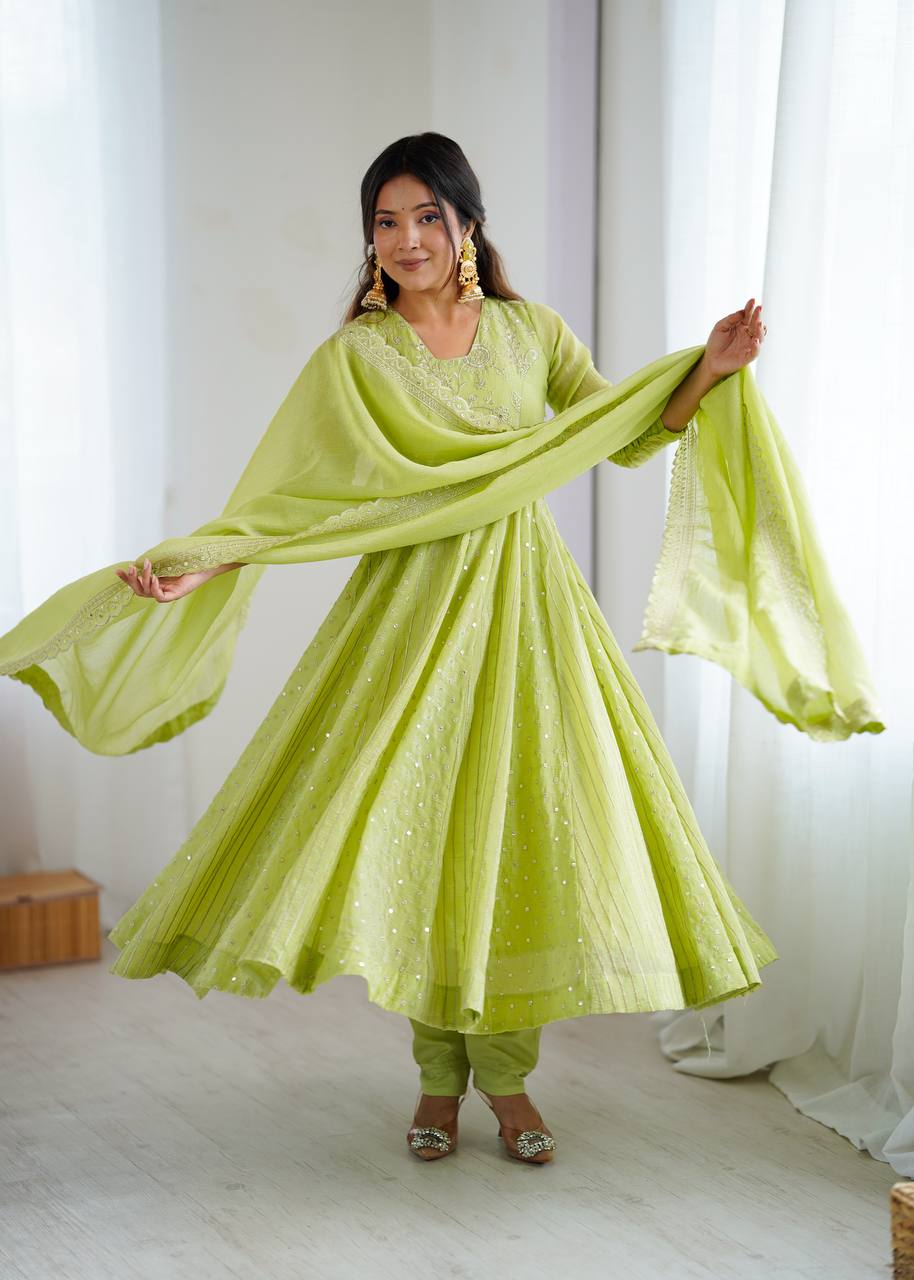 Stylish Light Green Festive Ethnic Anarkali Dress with Dupatta Stylish Light Green Festive Ethnic Anarkali Dress with Dupatta