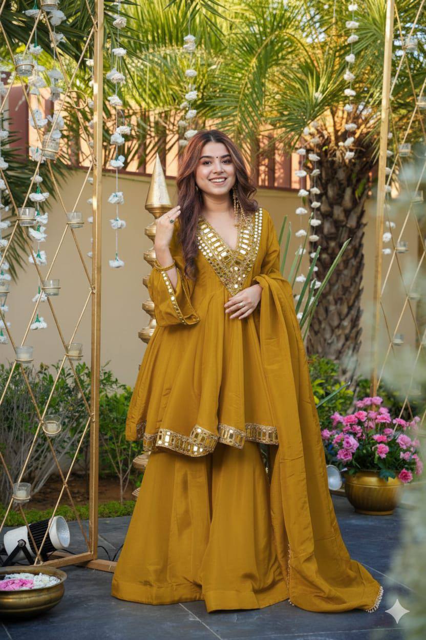 open lace back dress Swara Mustard Party Wear Real Mirror Work Palazzo Suit Set With Dupatt