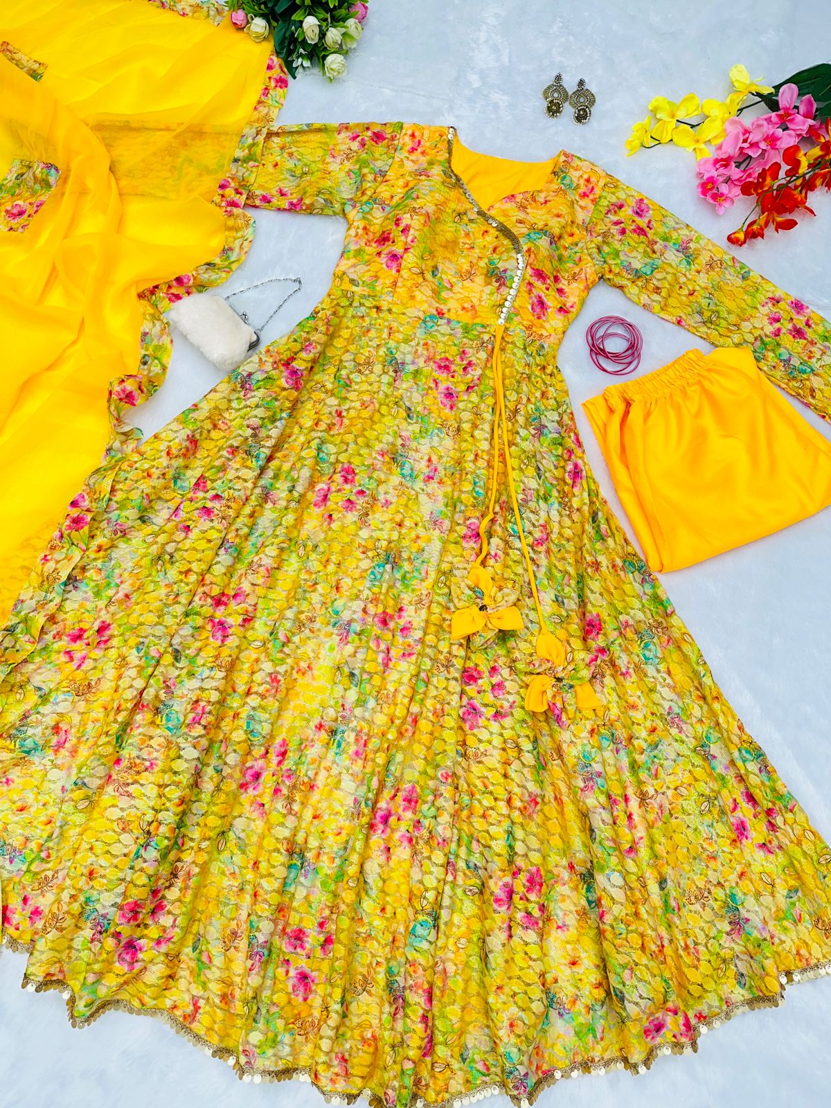 Multi Color Design With Yellow Color Wonderful Anarkali Gown Multi Color Design With Yellow Color Wonderful Anarkali Gown