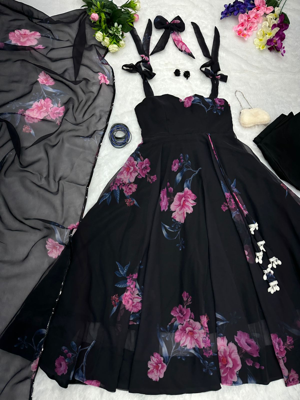 Black Color Flower Print Sleeveless Gown With Dupatta Black Color Flower Print Sleeveless Gown With Dupatta