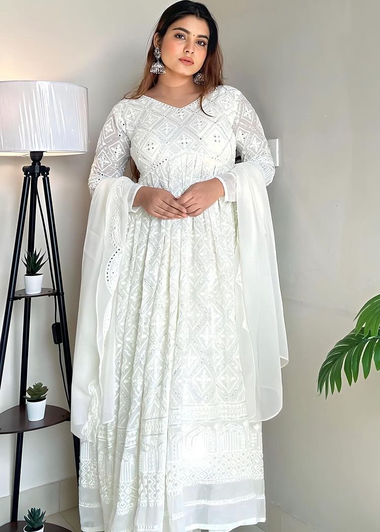 White Embroidered Georgette Anarkali Suit Set White Embroidered Georgette Anarkali Suit Set