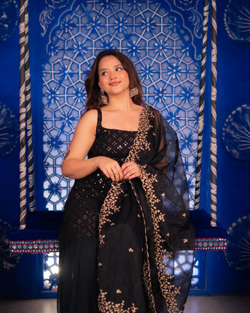 Black Georgette Embroidered Kurta And Sharara Suit Set with Dupatta