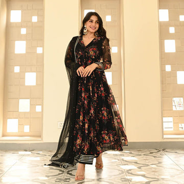 Black Color Georgette Printed Anarkali Suit