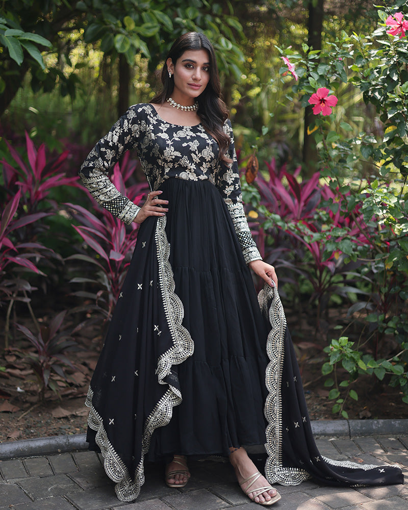 Umbrella Dress Anarkali Gown Long Gown Black Colour Faux Blooming Black Anarkali Gown With Dupatta Umbrella Dress Anarkali Gown Long Gown Black Colour Faux Blooming Black Anarkali Gown With Dupatta