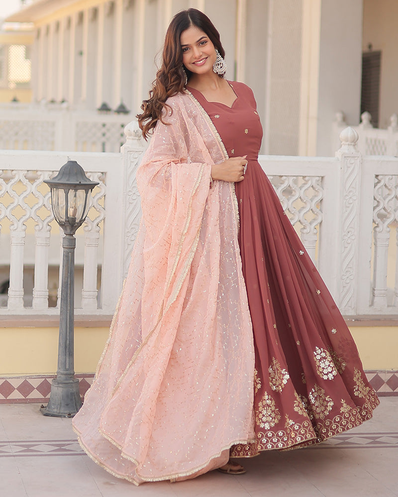 Full Floor Length Chocolate Color Anarkali Gown With Sequence Embroide - Main Image