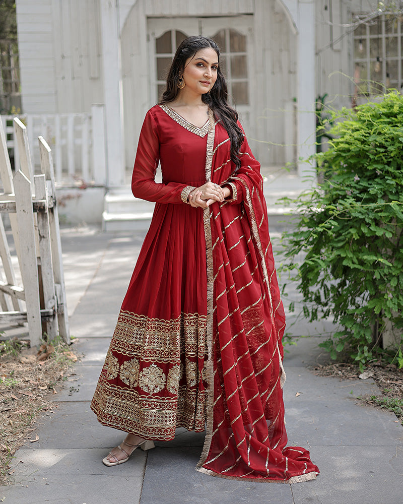 maroon color dress design Maroon silk gown with Timeless Appeal | Rozina Munib