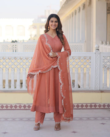 Designer Peach Color Russian Silk Three Piece Kurti Suit