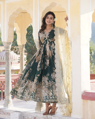 Wedding Design Printed Olive Green Gown With Dupatta