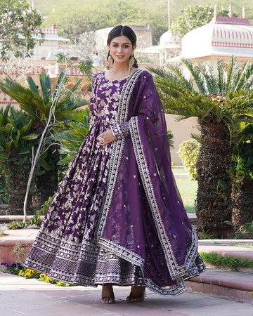 Designer Wine Color Sequence Embroidered Viscose Jacquard Ethnic Gown With Dupatta