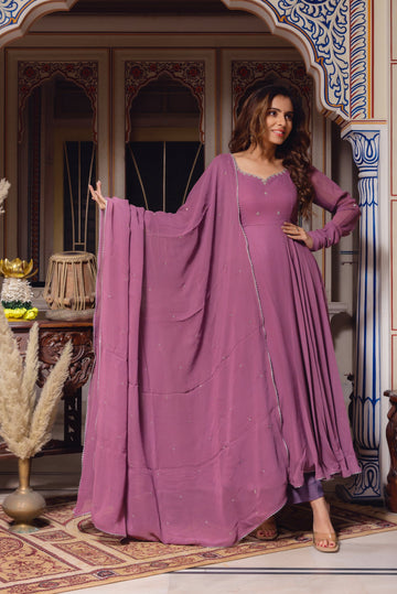 Dusty Pink Color Georgette Base Embroidery Work On Neck Anarkali Suit Set