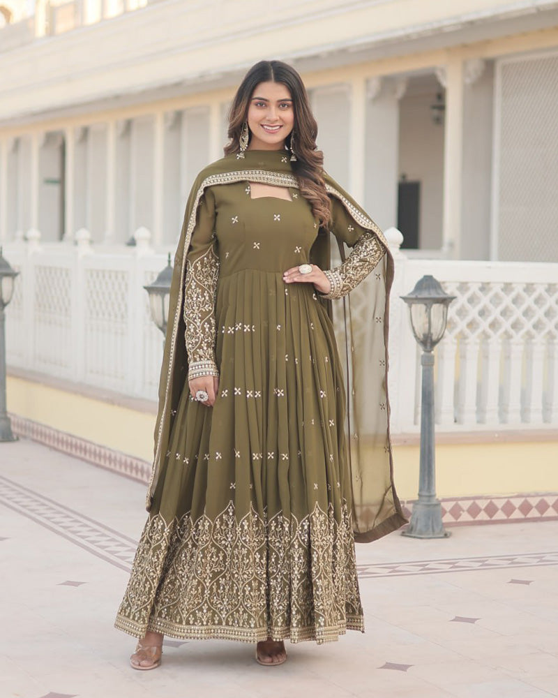 Faux Georgette Mehendi Anarkali Gown With Sequence Embroidery Dupatta Faux Georgette Mehendi Anarkali Gown With Sequence Embroidery Dupatta