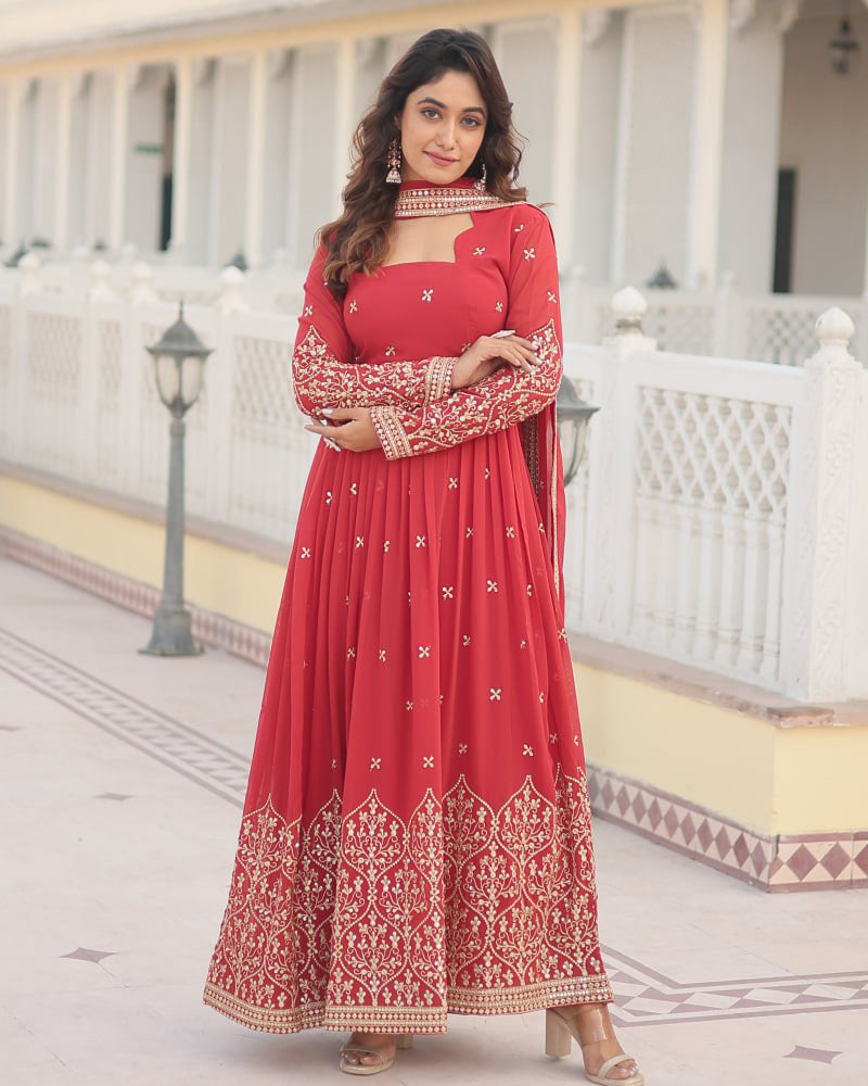 Faux Georgette Red Anarkali Gown With Sequence Embroidery Dupatta