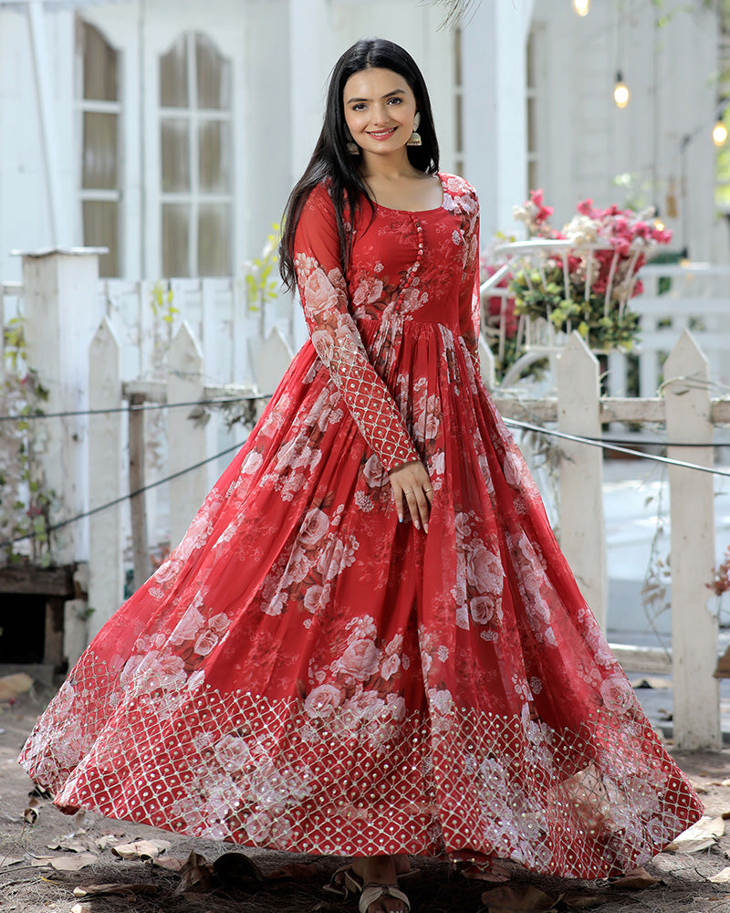 Indian Gown Latest Gown Dress Design Georgette Designer Red Color