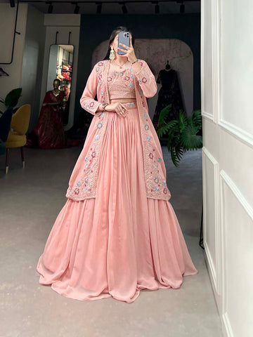 Peach Color Sequins and Thread Embroidery Work Georgette Plain Lehenga Choli
