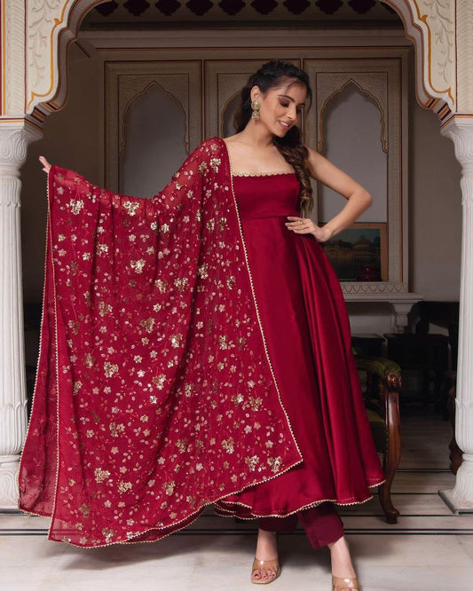 Manjula Maroon Anarkali Gown Suit Set
