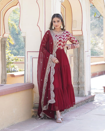 Maroon Color Indian Anarkali Gown With Faux Blooming Dupatta