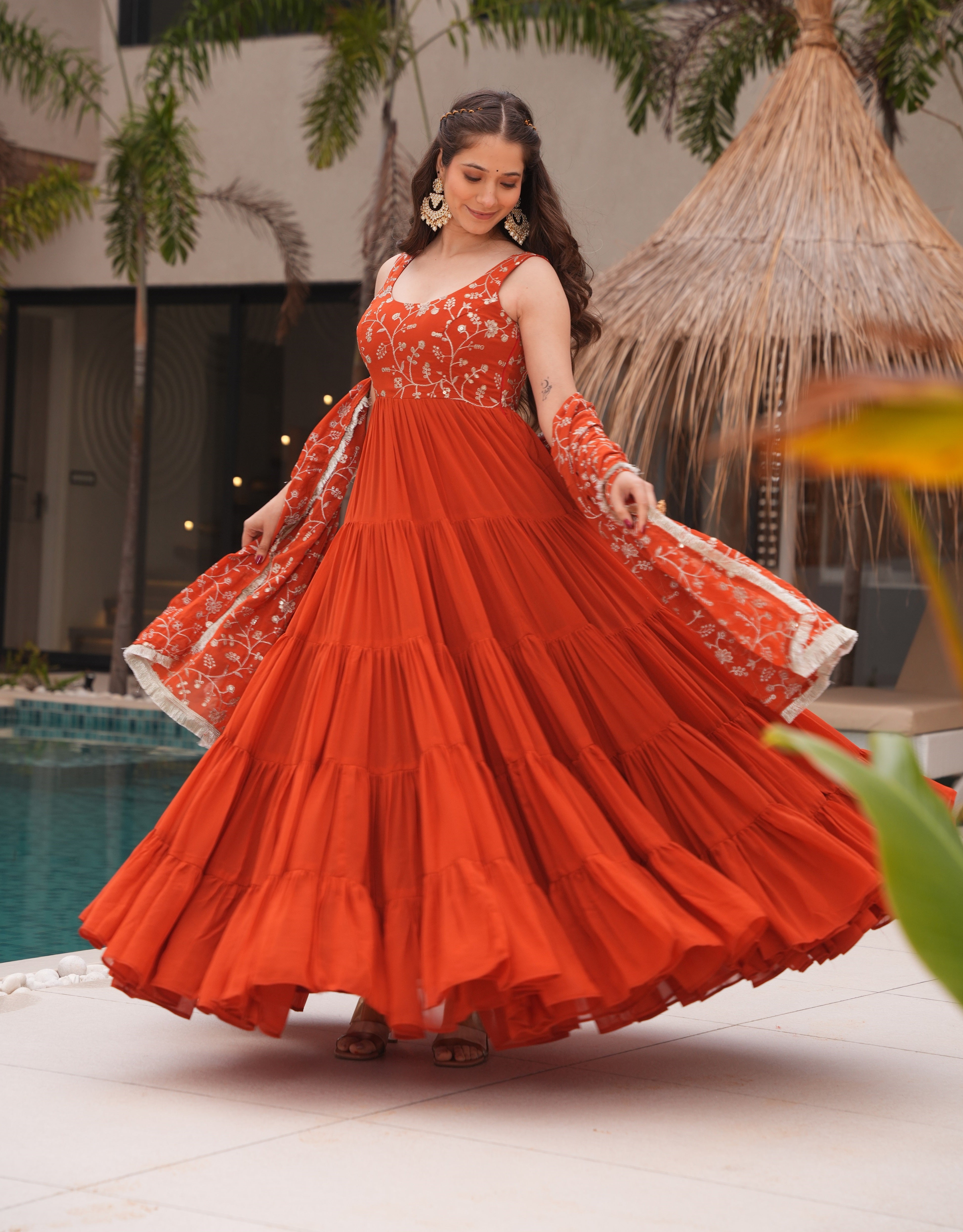 Orange Color Georgette Five Layer Ruffle Style Anarkali Gown