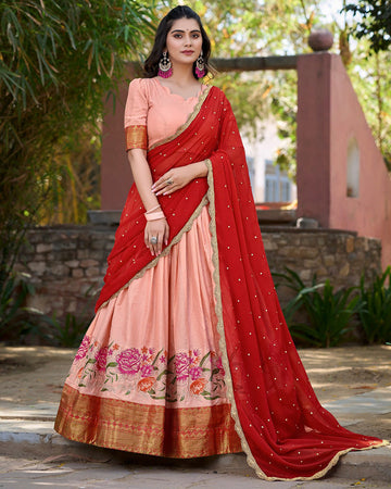 Cotton Silk Designer Peach Lehenga Choli