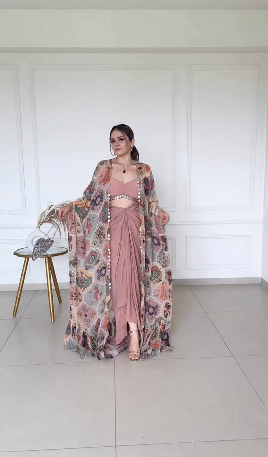 Peach Color Western 3 Piece Set With Digital Print Shrug Party Wear Western