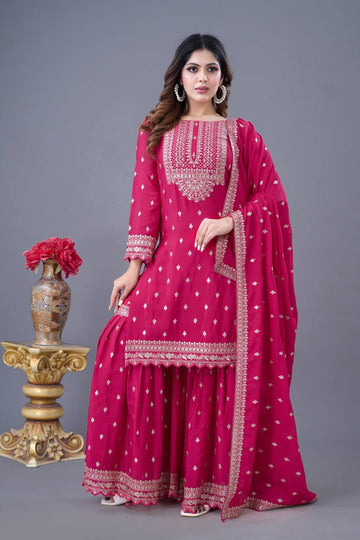 Pink Kurta Sharara in Chinon With Sequence Embroidery and Dupatta Big Flair Sharara