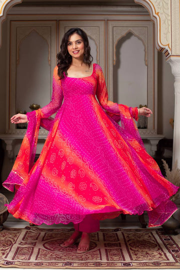 Vibrant Pink & Orange Bandhani Print Anarkali Suit with Dupatta
