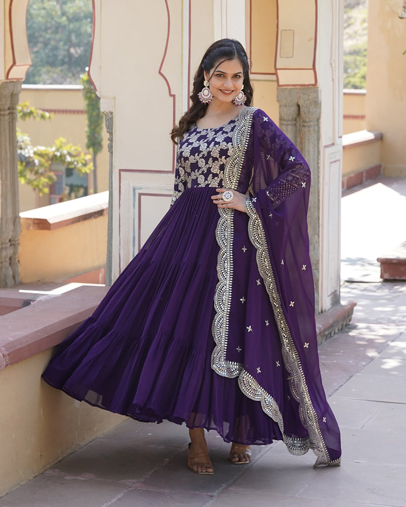 Purple Color Indian Anarkali Gown With Faux Blooming Dupatta Purple Color Indian Anarkali Gown With Faux Blooming Dupatta