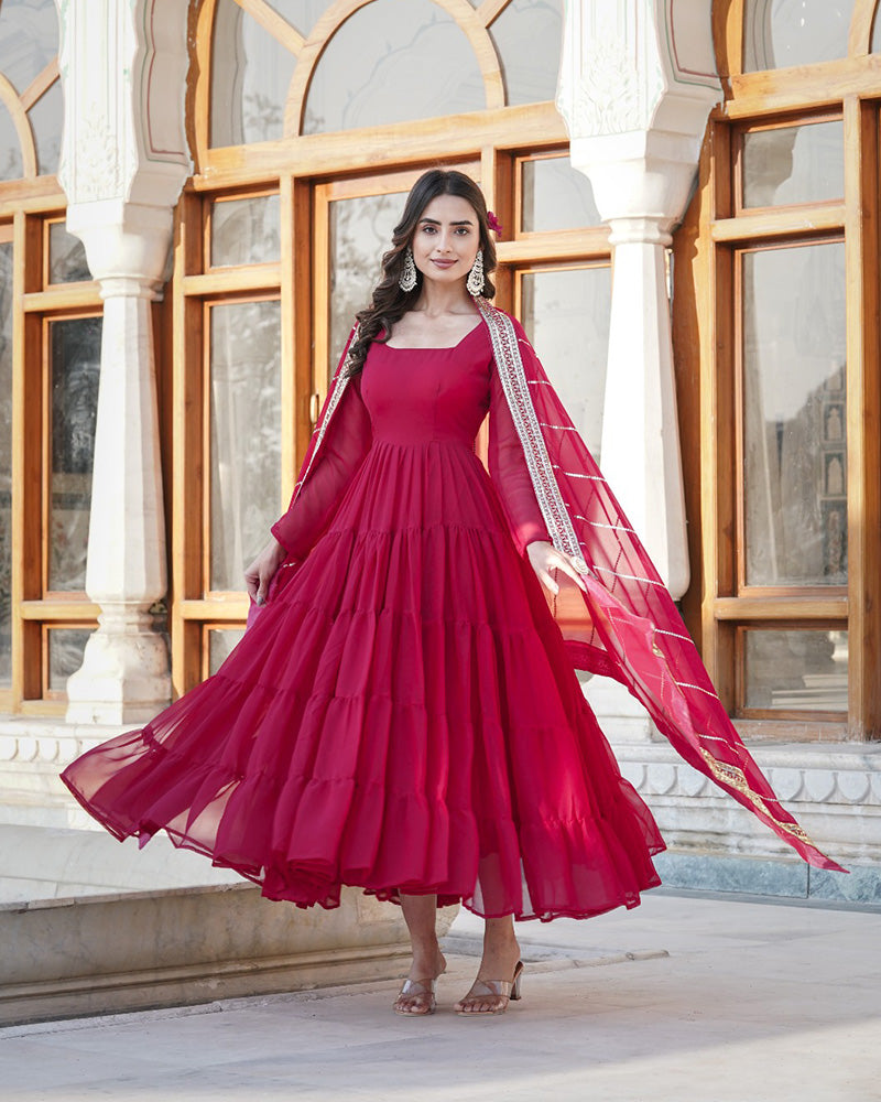 Full Flair Georgette Rani Pink Anarkali Gown With Dupatta