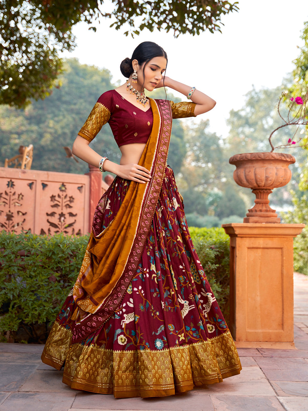 Maroon Color Minakari With Foil Print Tussar Silk Lehenga Choli