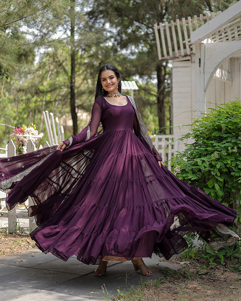 Wine Color Designer Embroidered Ethnic Gown With Dupatta Wine Color Designer Embroidered Ethnic Gown With Dupatta