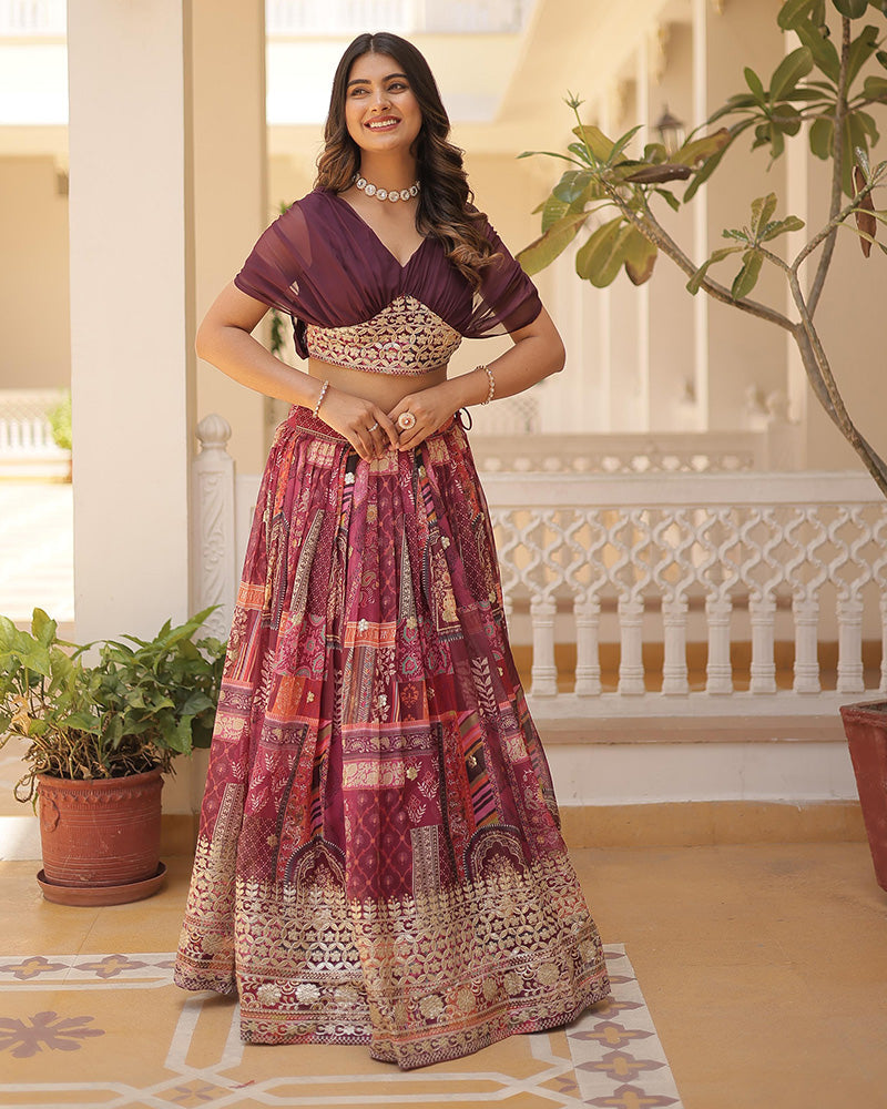 Designer Russian Silk Embroidery Crop Top Wine Lehenga Choli