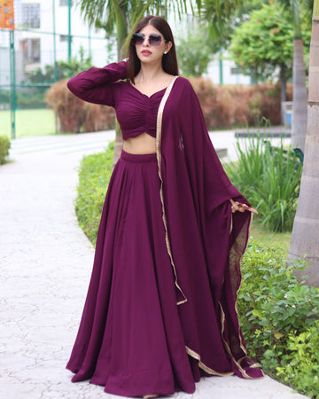 Pure Soft Georgette Full Stitched Wine Lehenga Choli