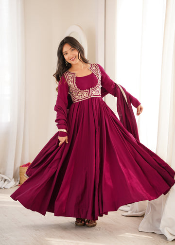 Wine Maroon Flared Anarkali Suit Set for Women with Koti & Dupatta