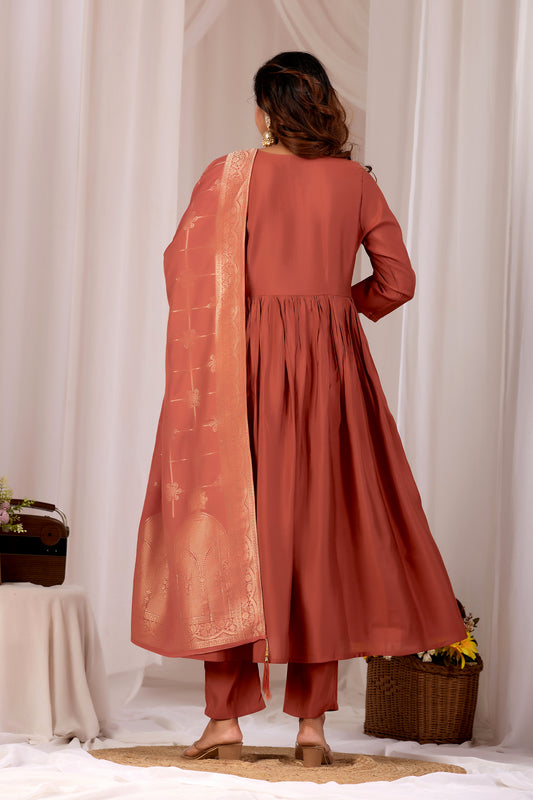 Rust Embroidery Neck Design Cotton Anarkali Suit Set for Women With Jacquard Dupatta
