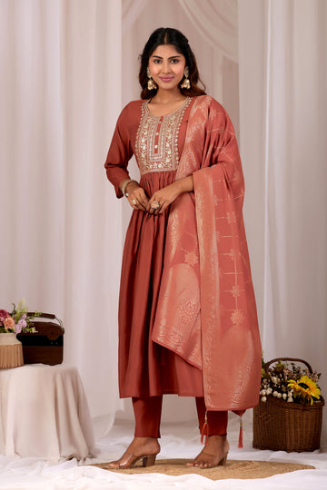 Rust Embroidery Neck Design Cotton Anarkali Suit Set for Women With Jacquard Dupatta