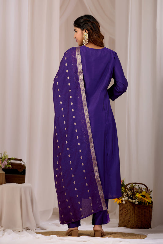 Royal Blue Embroidery Neck Design Cotton A-Line Kurta Set for Women With Dupatta