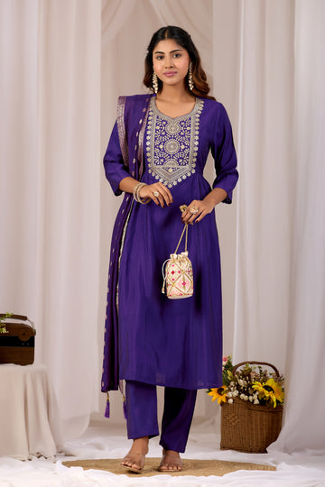 Royal Blue Embroidery Neck Design Cotton A-Line Kurta Pant Set for Women With Dupatta