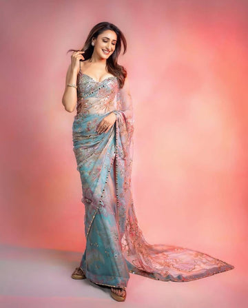 Pastel Aqua Blue Silk Saree with Mirror Work