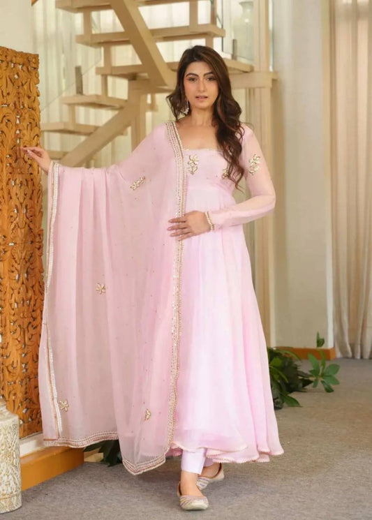 Baby Pink Embroidered Anarkali Suit Set for Women with Dupatta