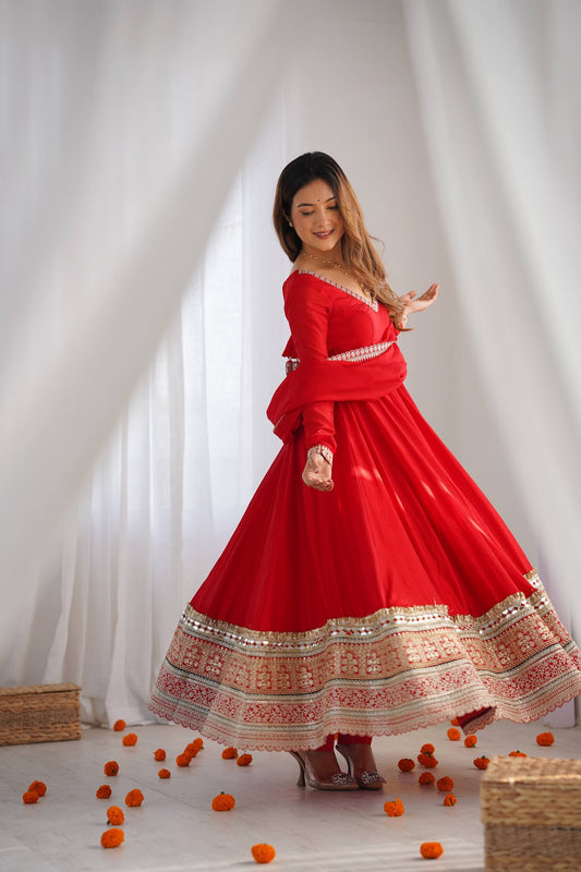 Red Wedding Anarkali Suit Set for Women - Vichitra Kurta with Dupatta