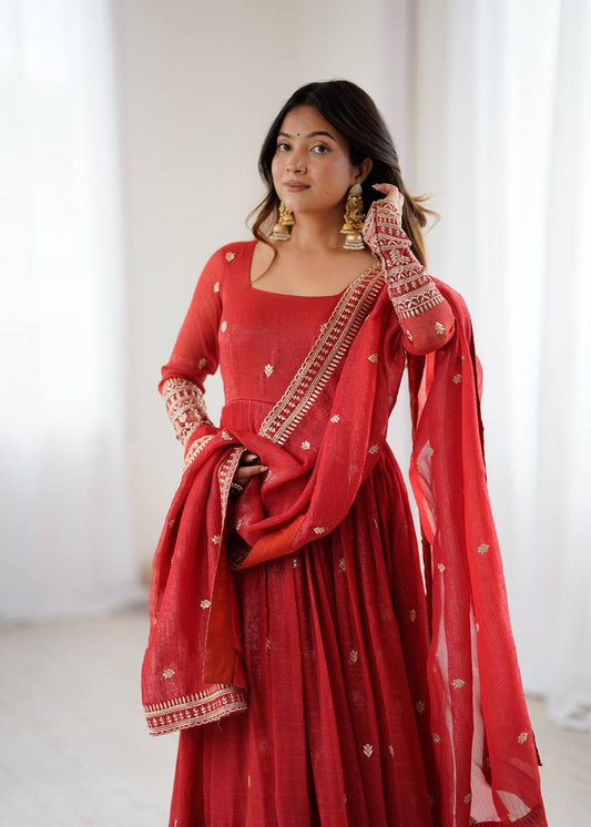 Trending Red Anarkali Gown for Women in Pure Crunchy Silk