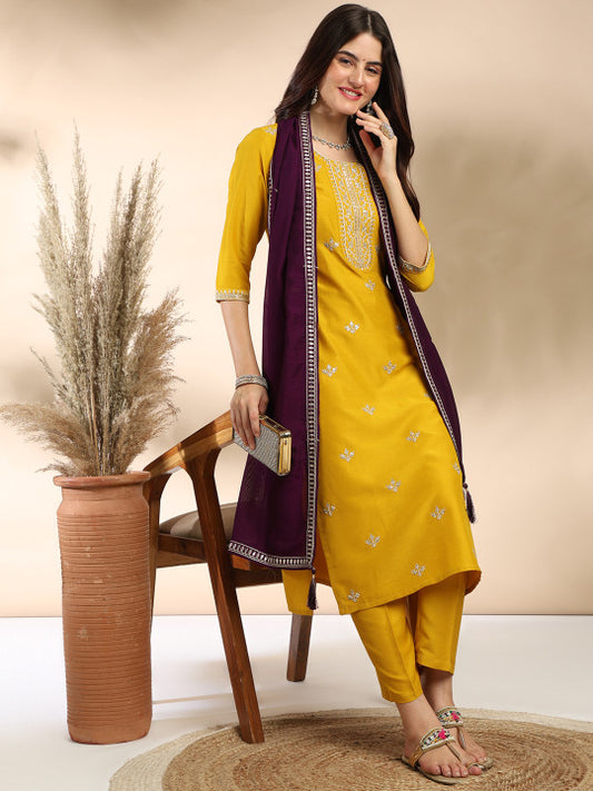 Yellow Embroidered Regular Kurta Suit Set With Dupatta